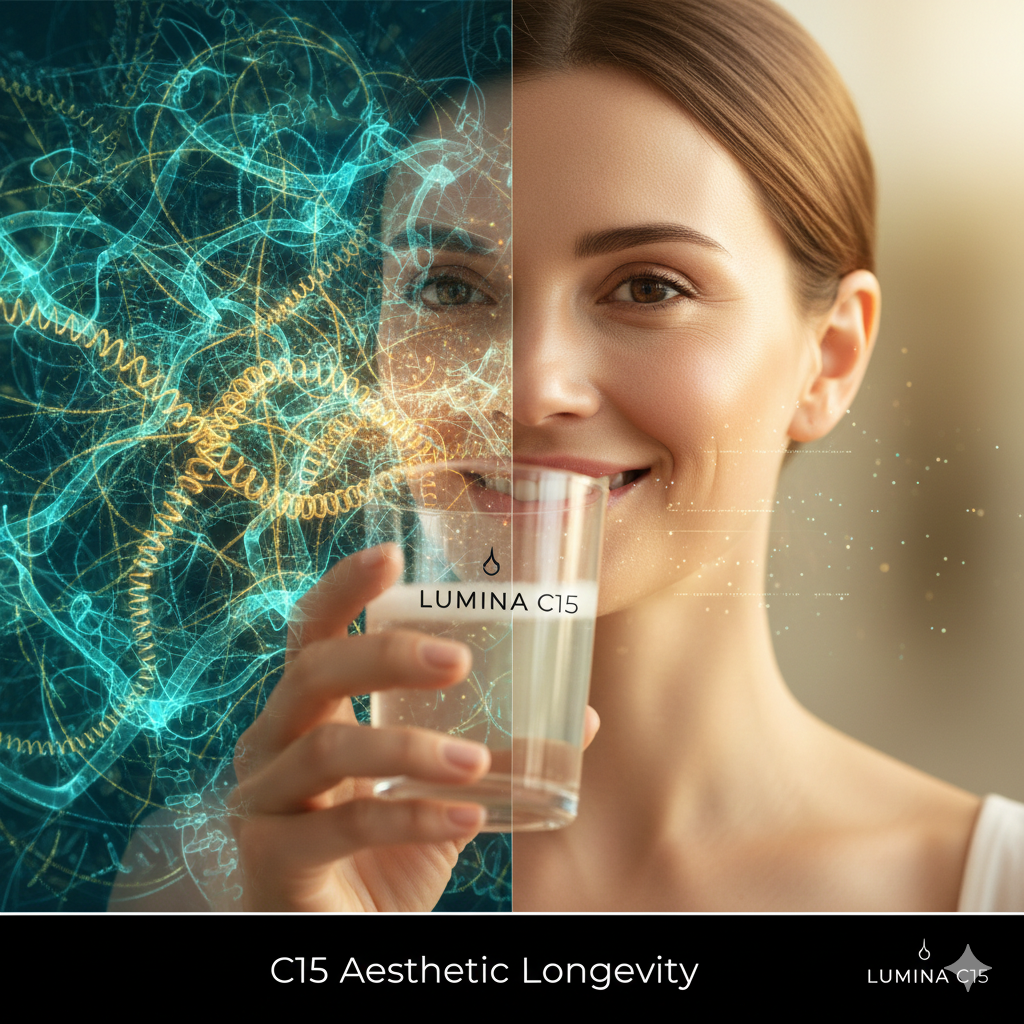 A high-end lifestyle shot of a woman with radiant skin, overlaid with a 3D medical visualization of a healthy collagen matrix reinforcing the skin layers.