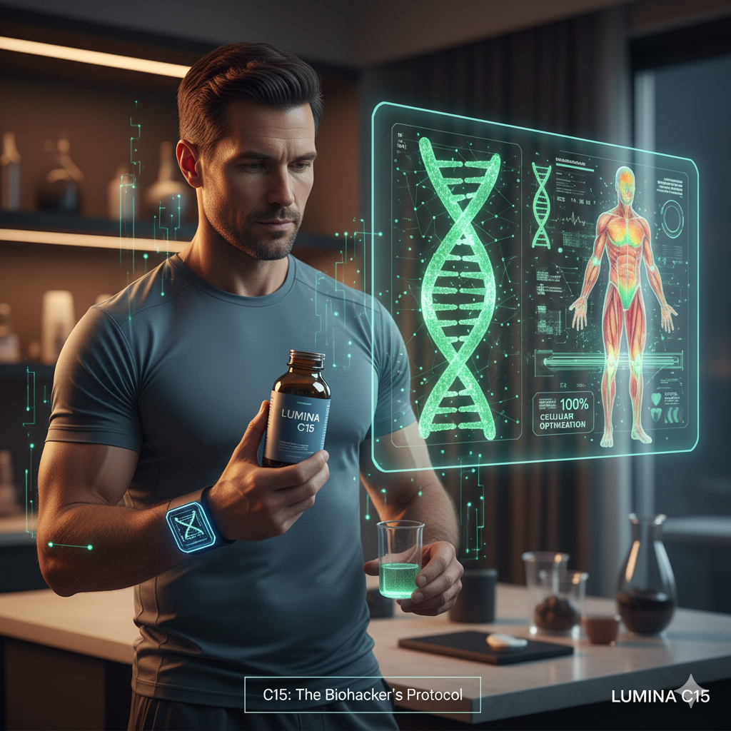 A biohacker (athlete or wellness-focused individual) integrating Lumina C15 into their high-tech, data-driven routine, with subtle visual elements like glowing data points or a health monitor.