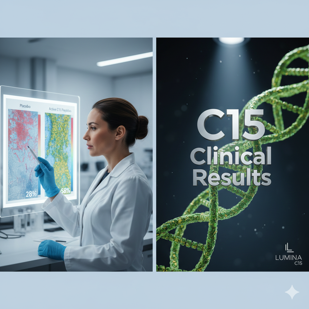 A clinical researcher analyzing a digital skin density scan, comparing placebo vs. active collagen peptide results.