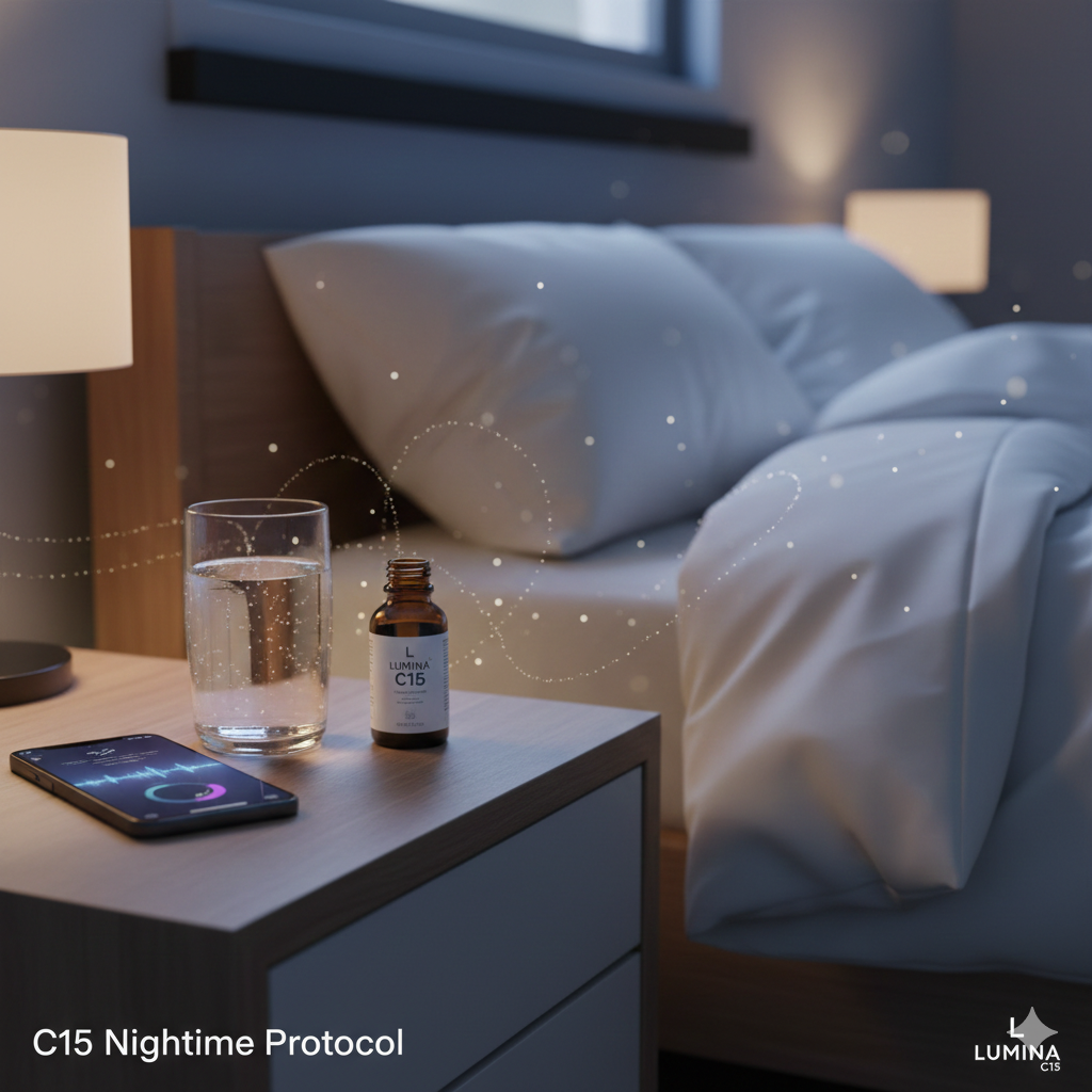 A serene nighttime setting showing a glass of Lumina C15 on a bedside table, representing overnight repair and recovery.