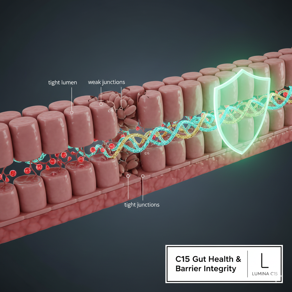 A clean, scientific visualization of the intestinal wall lining being reinforced by collagen peptides, representing gut health and barrier integrity.