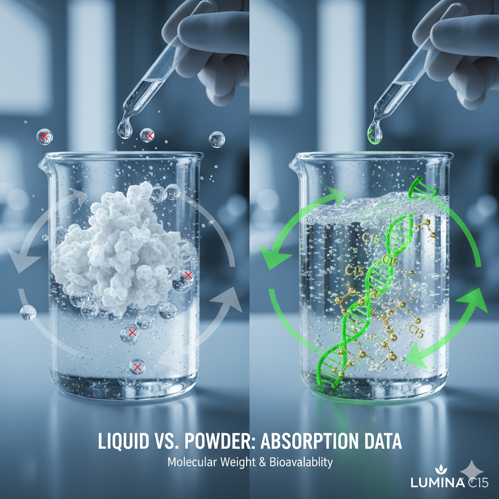 Clinical laboratory setting showing the molecular difference between liquid solubility and solid powder particulates.
